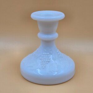 L E Smith Grapes and Leaves Milk Glass Candlestick Vintage